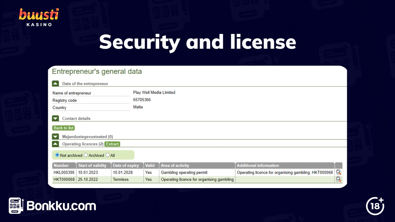 buusti kasino security and license