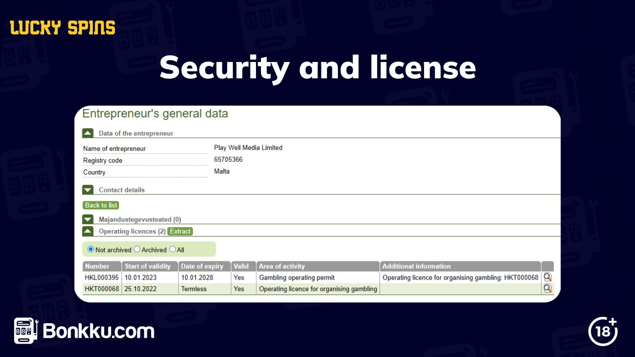 lucky spins casino security and license