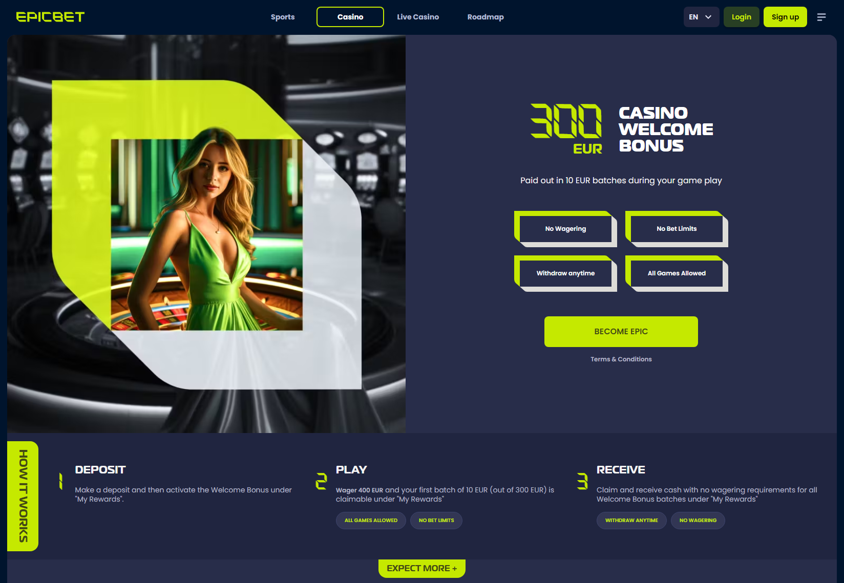 Epicbet casino lobby and welcome offer