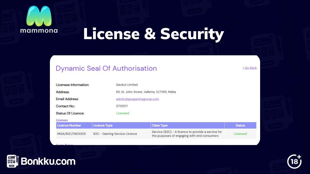mammona casino security and license