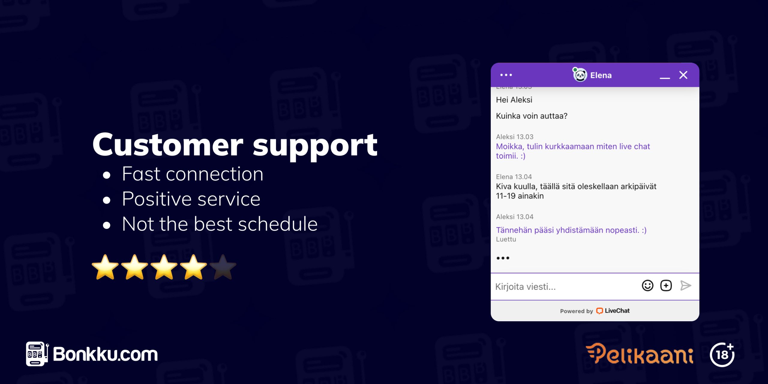 The image shows a live chat conversation with Pelikaani Casino’s customer service. The chat mentions the quick response time and the availability of service in Finnish. The text rates customer service four stars out of five, noting the limited service hours.