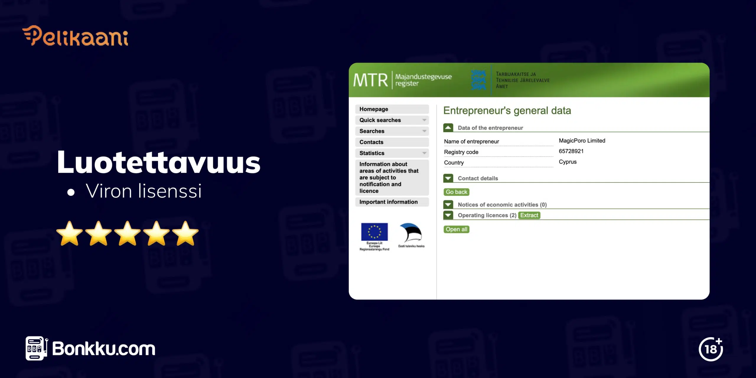 Kuvassa esitetään Viron lisenssitiedot, jotka vahvistavat Pelikaani Kasinon toimintaa valvovan lisenssin. Tekstissä mainitaan kasinon luotettavuus ja lisenssi.