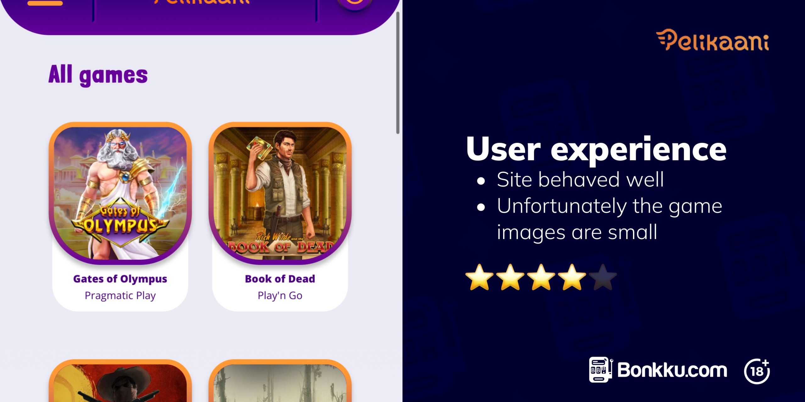 The image displays Pelikaani Casino’s sleek game lobby, showcasing popular games like Gates of Olympus and Book of Dead. The text assesses the interface's intuitiveness and notes the small game thumbnails as a factor in the user experience.