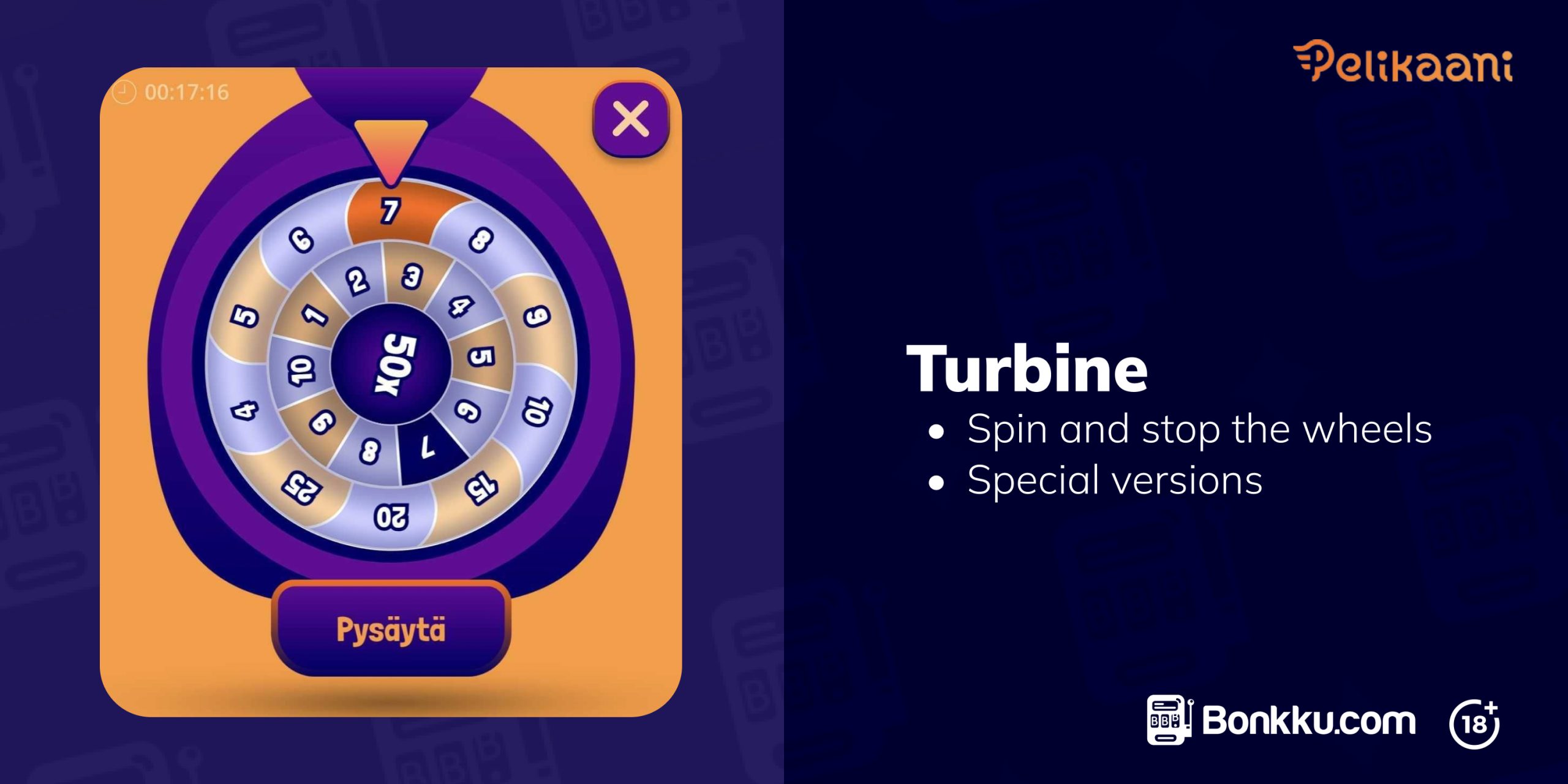 The image displays Pelikaani Casino's Turbiini game, where players can spin the reels to win rewards. The text highlights Turbiini's unique features and explains how it works.