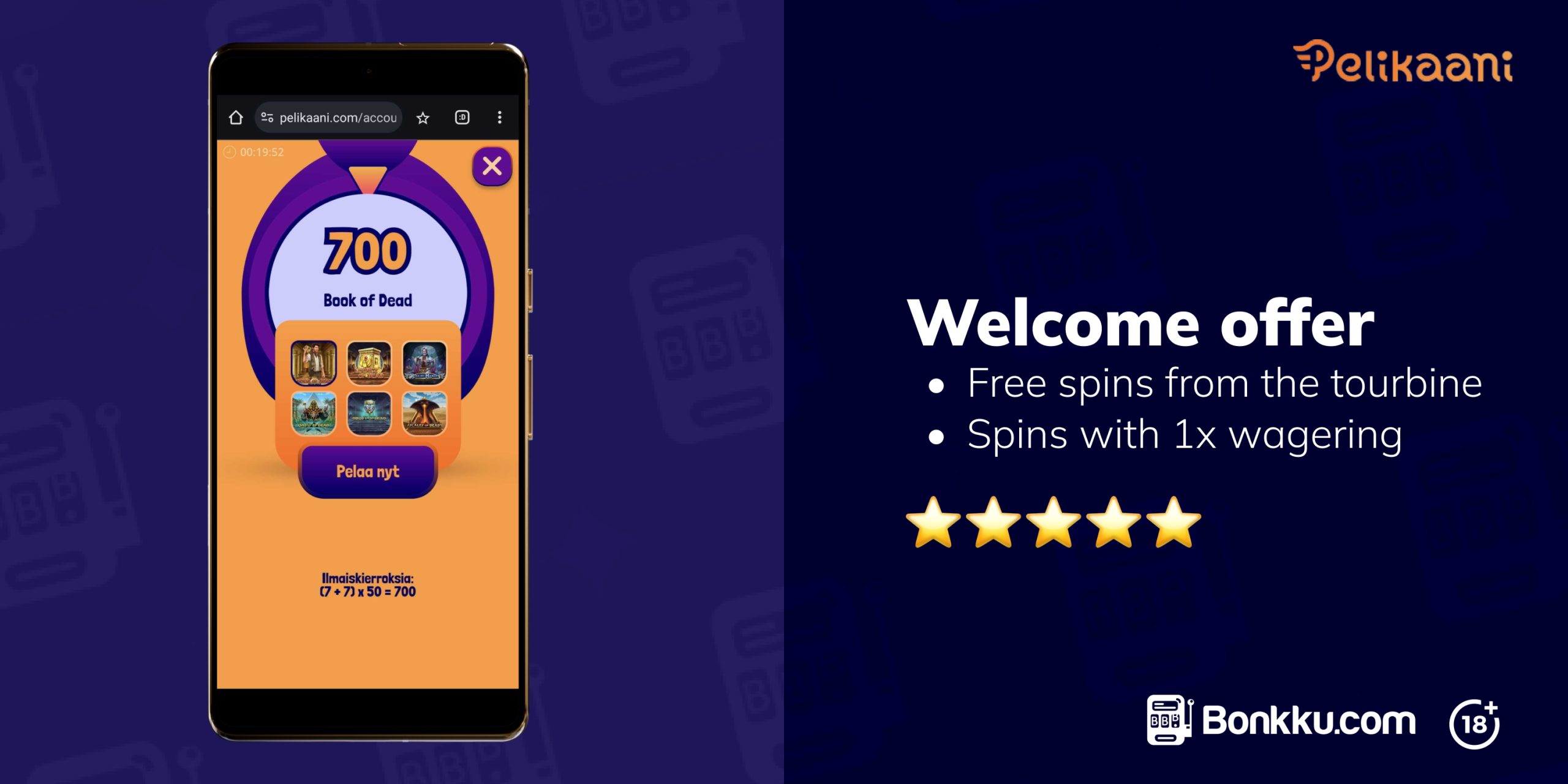 The image showcases Pelikaani Casino's welcome offer, where players can win free spins by spinning the Turbiini bonus game. At the bottom, the image notes that the welcome offer comes with a 1x wagering requirement and gives it a five-star rating.