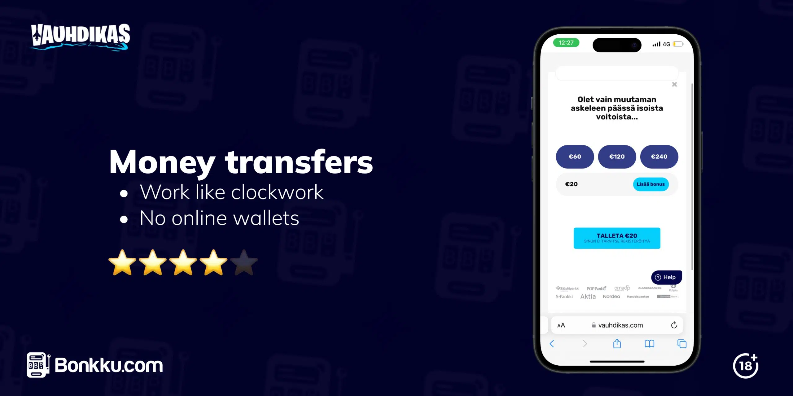 The picture shows the deposit options at Vauhdikas.com and the payment method Brite, which works via bank transfer. The review mentions the speed of bank transfers and regrets the lack of online wallets. Four stars are given.