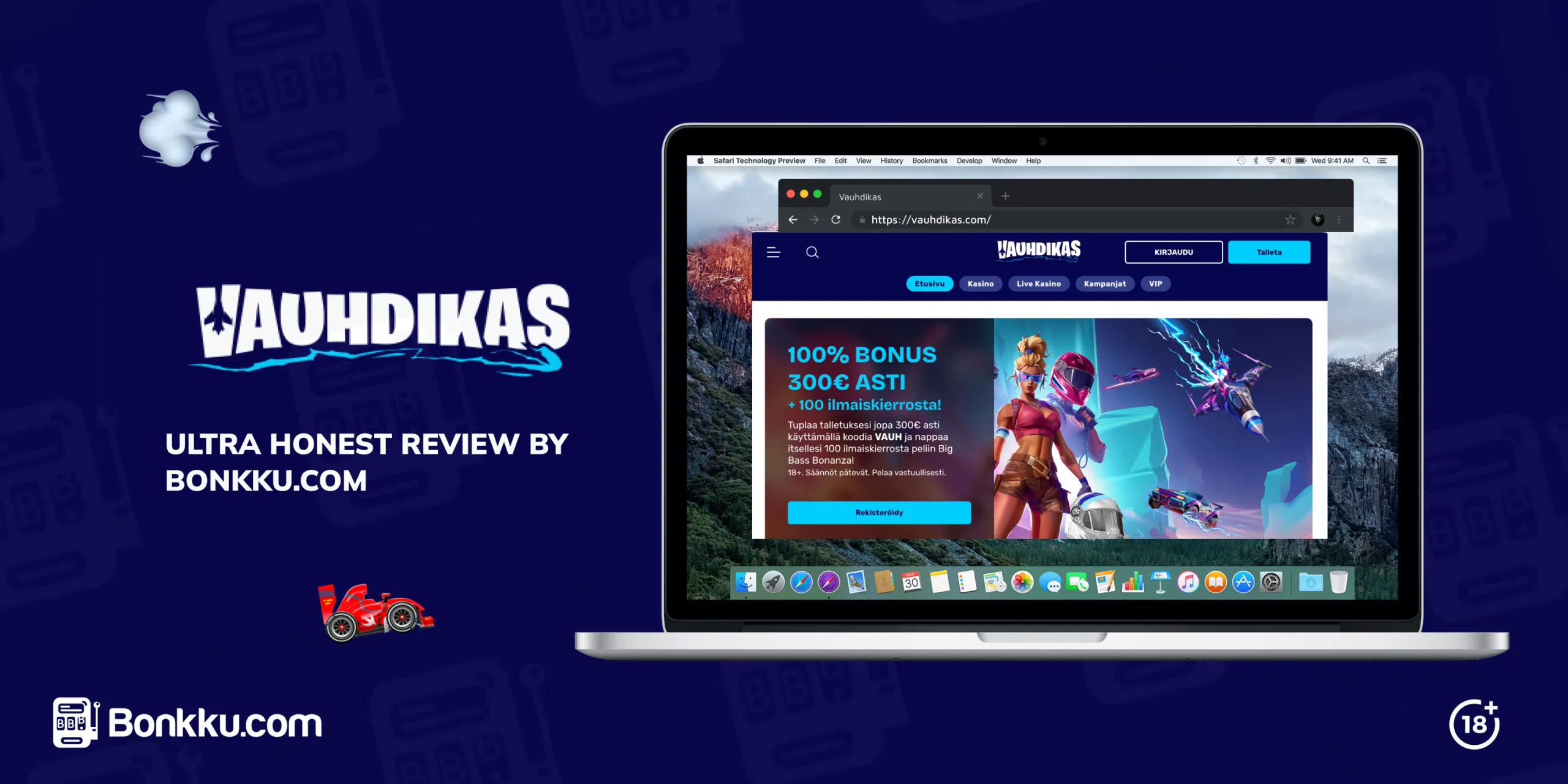 A view of the Vauhdikas.com casino homepage displayed on a laptop screen. The screen shows the casino's logo and the welcome bonus offer.