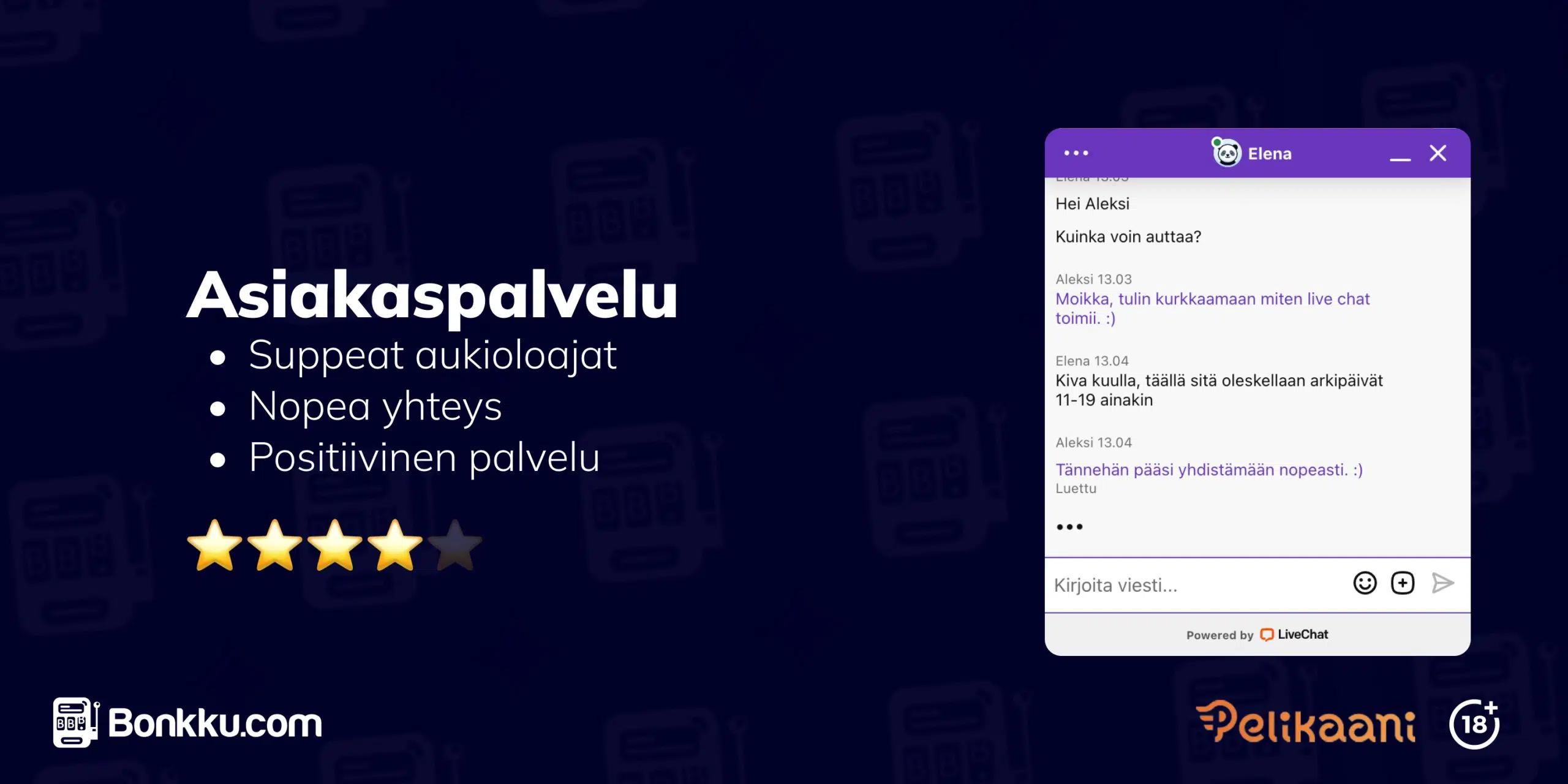 Kuvassa näkyy live-chat-keskustelu Pelikaani Kasinon asiakaspalvelun kanssa. Chatissa mainitaan asiakaspalvelun nopea vastausaika ja suomeksi saatava palvelu. Kuvan alareunassa on teksti, joka antaa asiakaspalvelulle neljä tähteä viidestä, ja huomauttaa suppeista aukioloajoista.