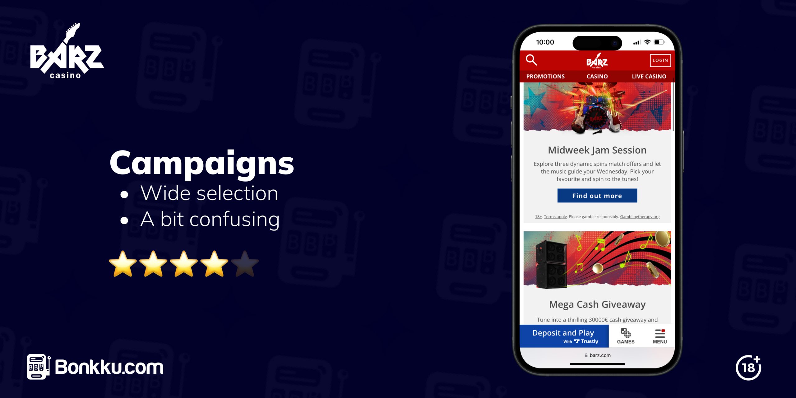 Barz Casino campaign page displayed on a mobile device, showcasing promotions like the Midweek Jam Session and Mega Cash Giveaway. The text highlights a wide selection of campaigns but mentions they can be a bit confusing. Rated 4 out of 5 stars.