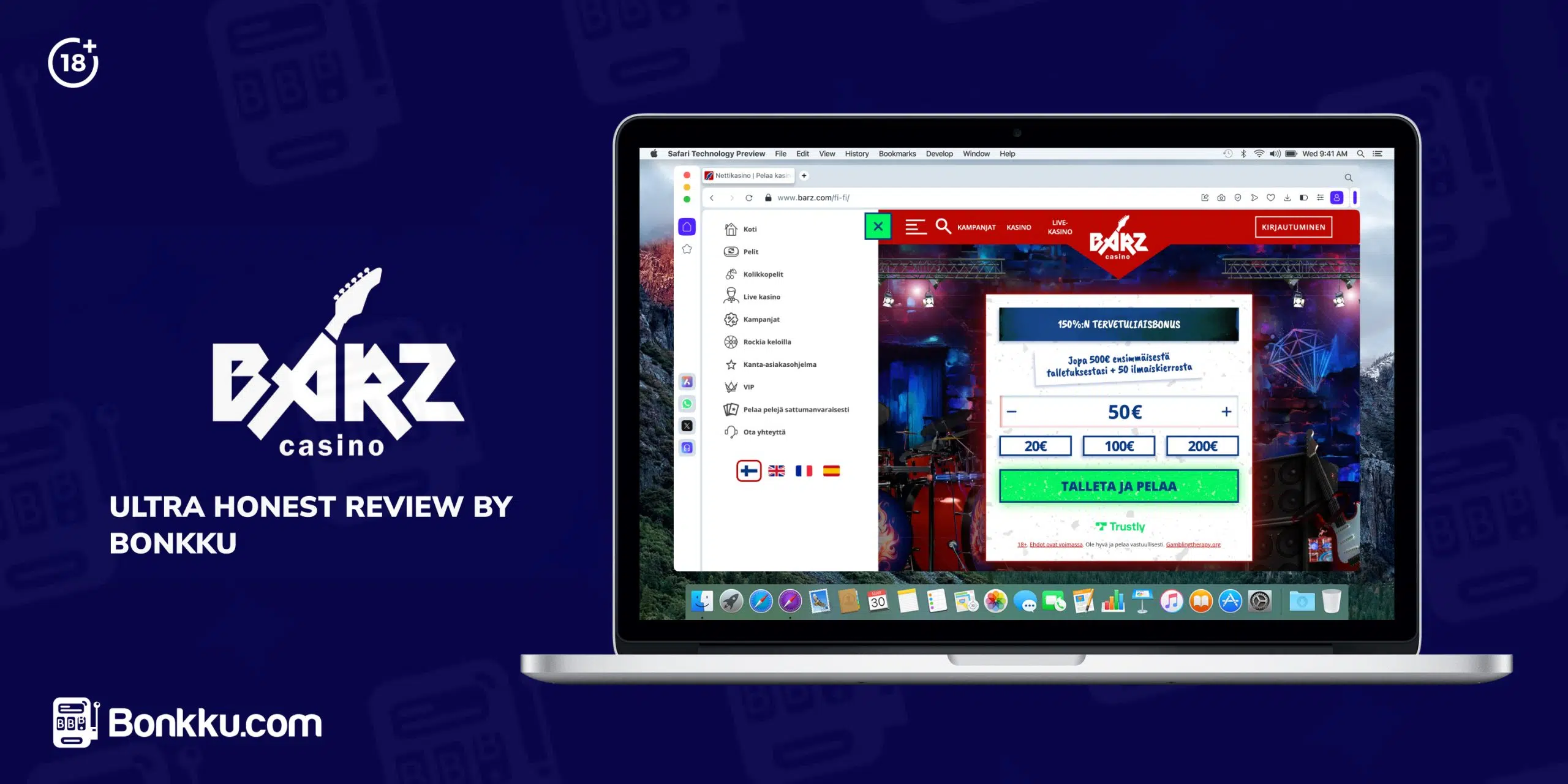 Barz Casino homepage displayed on a laptop, with a rock-themed design and deposit options. Text promotes an ultra-honest review by Bonkku.com