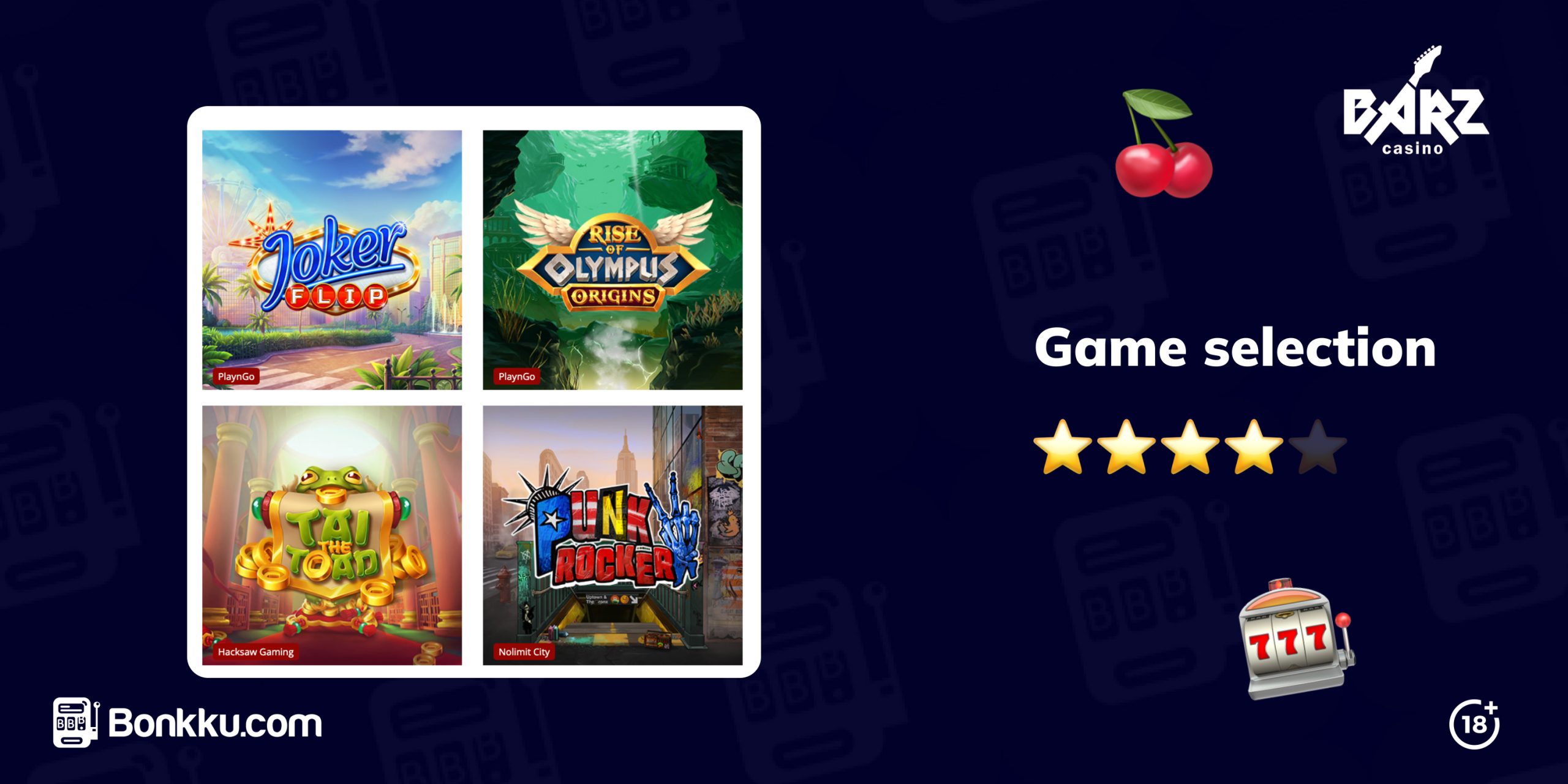 Barz Casino game selection showing popular titles such as Joker Flip, Rise of Olympus Origins, Toad the Toad, and Punk Rocker. The text highlights a broad range of games, with a 4 out of 5 stars rating.