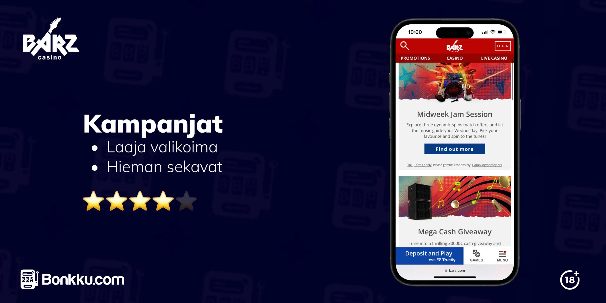 Barz Casinon kampanjasivu näytetään mobiililaitteella, ja siinä esitellään kampanjoita, kuten Midweek Jam Session ja Mega Cash Giveaway. Tekstissä korostetaan laajaa valikoimaa kampanjoita, mutta mainitaan, että ne voivat olla hieman sekavia. Arvosana 4 tähteä 5:stä.