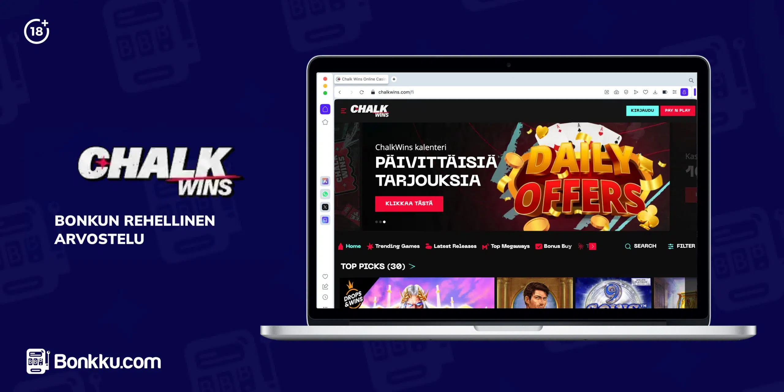 Kuvakaappaus Chalkwins Casino -sivustosta, jossa näkyvät päivittäiset tarjoukset ja kampanjat avoimella kannettavan näytöllä. Yläotsikko korostaa “Bonkku Ultra Rehellinen Arvostelu” ja “Päivittäiset Tarjoukset” -osio näkyy selkeästi punaisen “Klikkaa Tästä” -painikkeen kanssa. Kannettavan ruudulla näkyy peliluokkia, kuten Suosituimmat Pelit, Uudet Julkaisut ja Parhaat Valinnat.