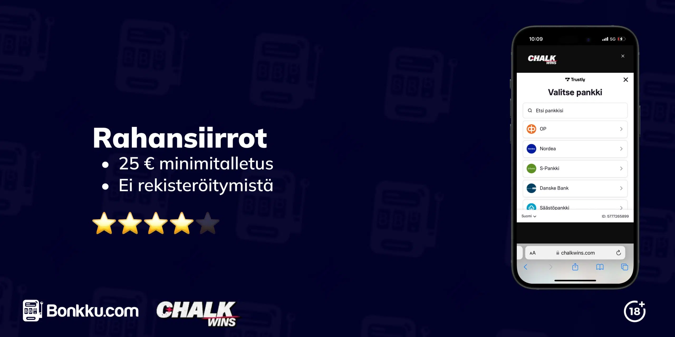 Trustlyn maksuliittymä Chalkwins Casinolla, jossa näkyvät tuetut pankit. Maksutavat ovat saaneet Bonkku.comilta neljä tähteä viidestä.