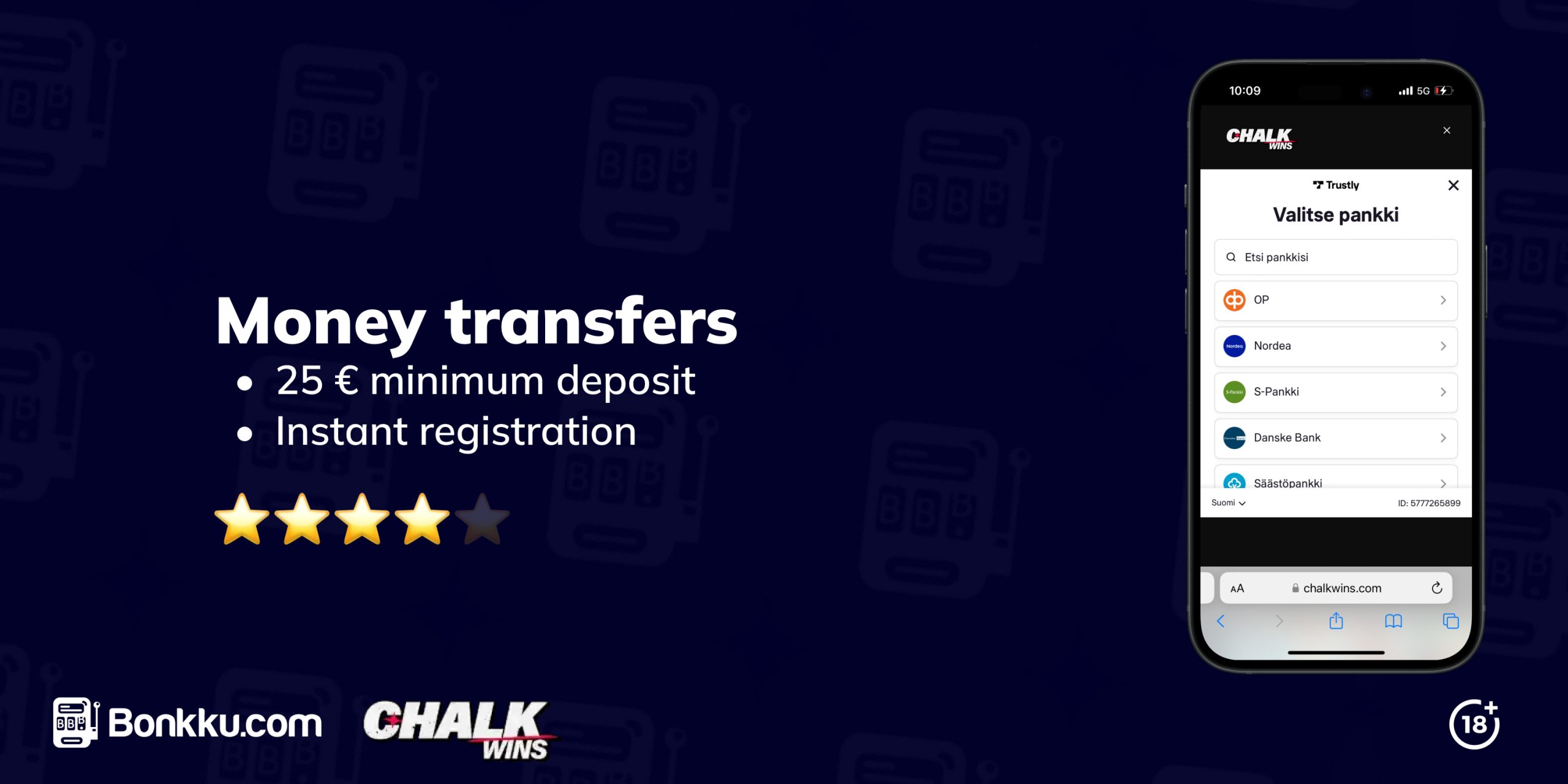 Trustly payment interface on Chalkwins Casino, showing supported banks. Payments are rated four out of five stars by Bonkku.com.