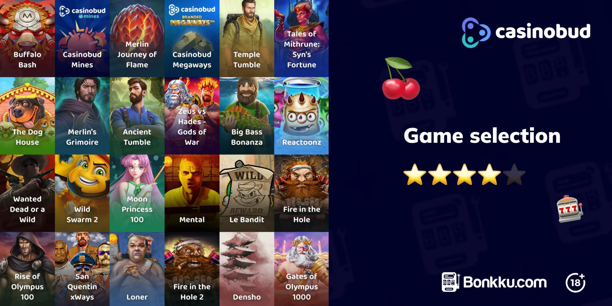 Grid view of popular slot games available at Casinobud, including titles like Buffalo Bash and Reactoonz.