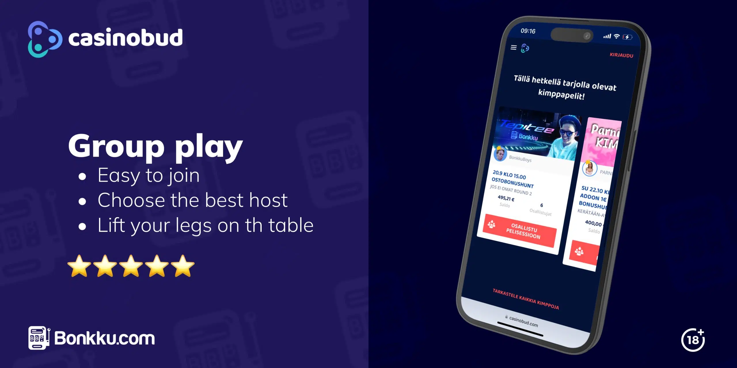 Mobile interface displaying group play options with various hosts and scheduled group gaming sessions. Casinobud is a completely unique casino for now.