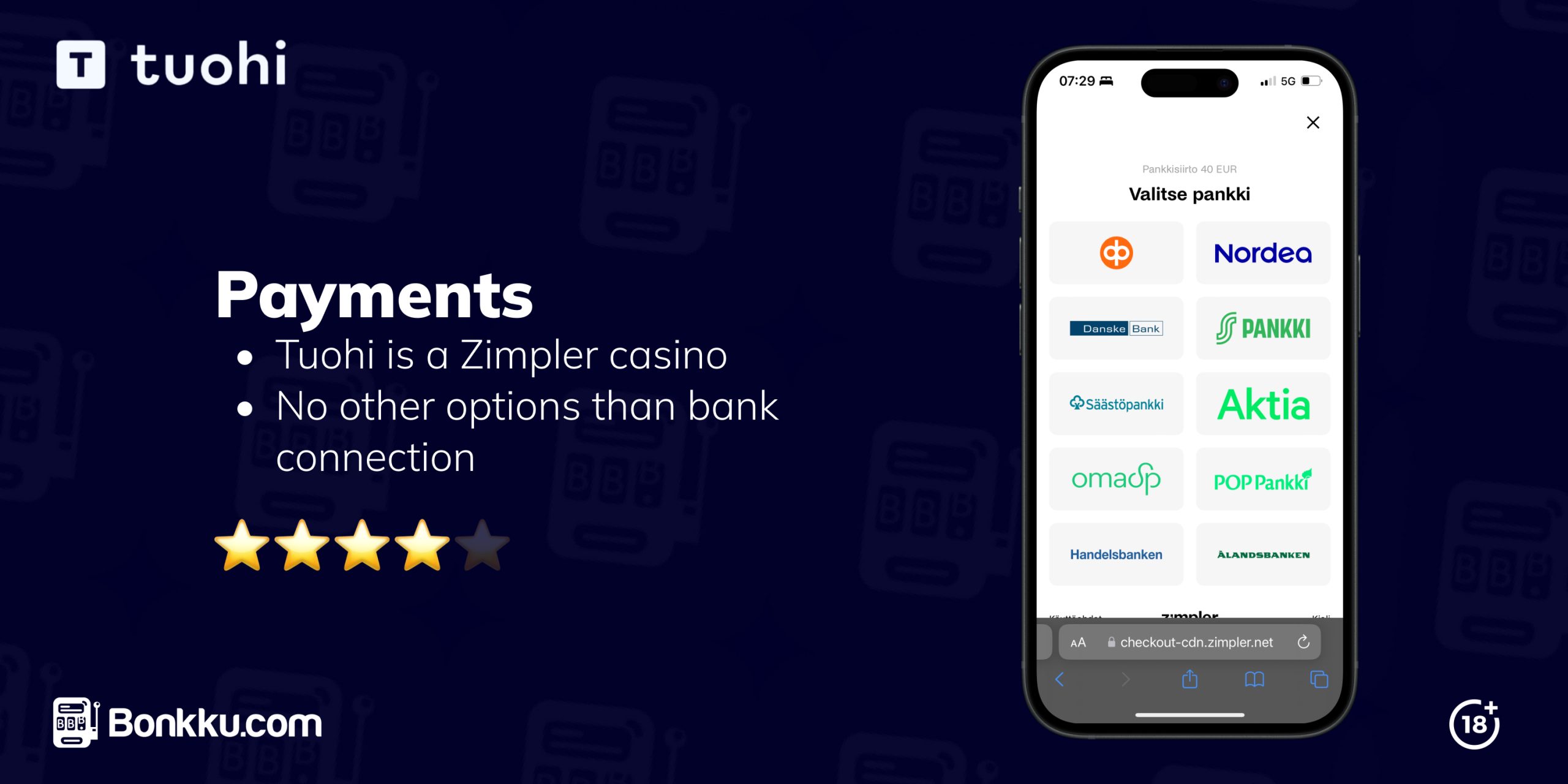 An image detailing Tuohi casino's payment methods. It mentions that Tuohi is a Zimpler casino, with payments limited to bank connections. Various Finnish banks are displayed, such as Nordea, OP, and Danske Bank, with a four-star rating.