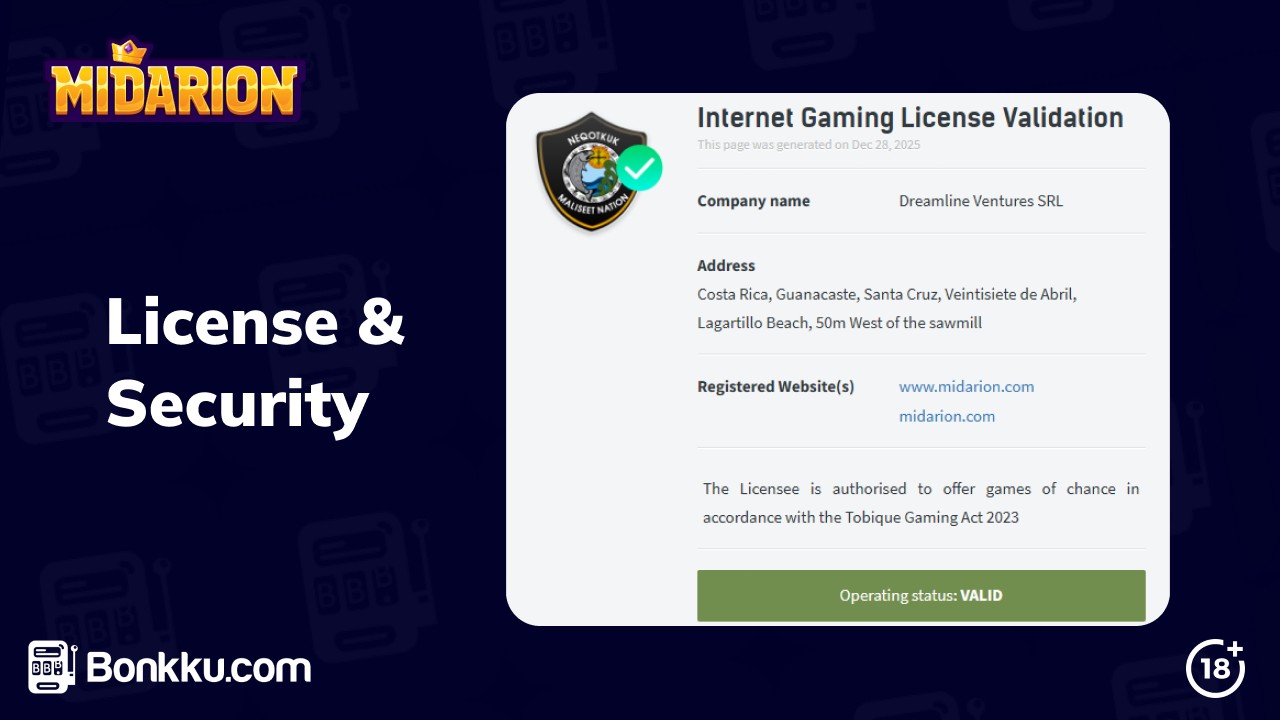 midarion casino license and security