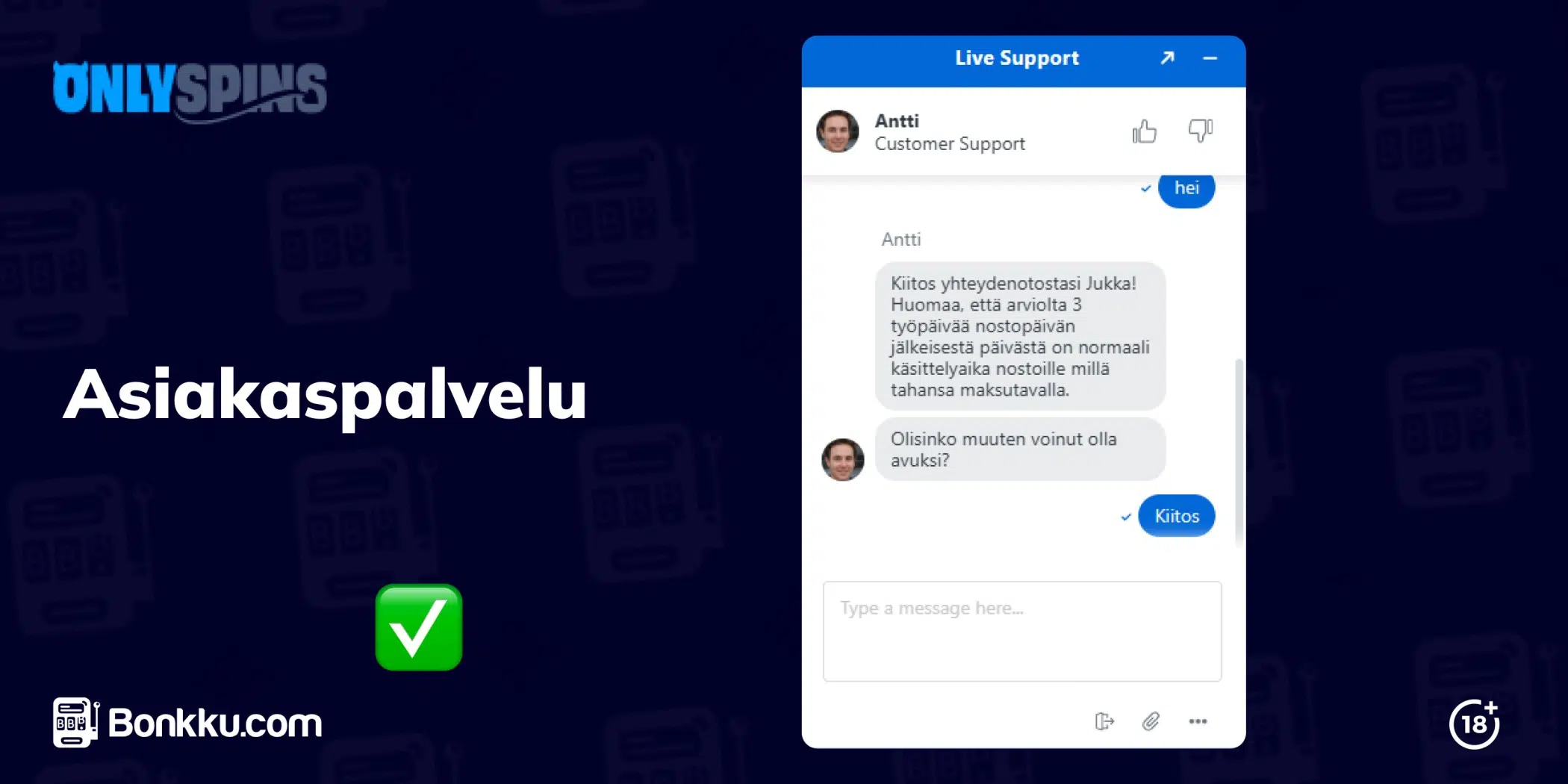 onlyspins casino asiakaspalvelu