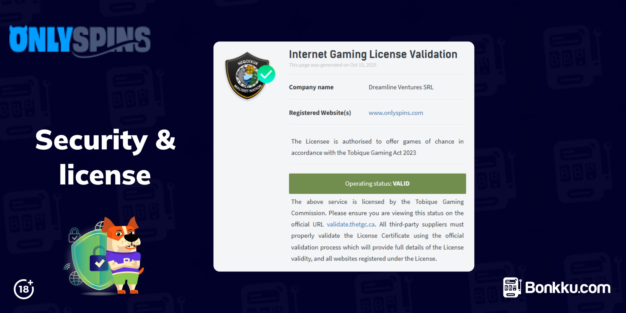 onlyspins casino security and license