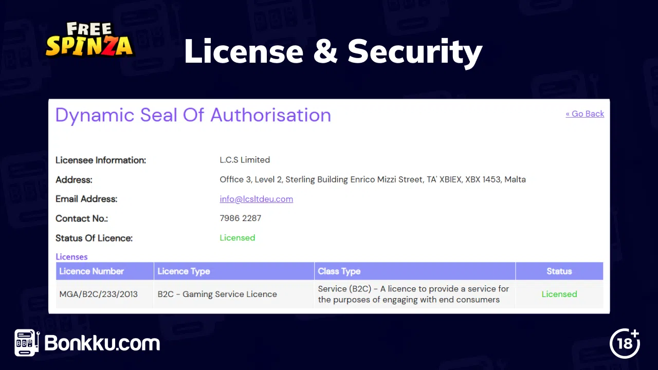 freespinza casino license and security