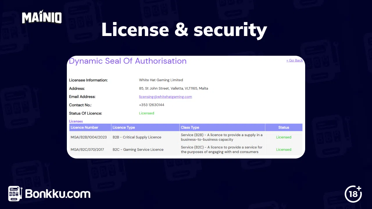 mainio casino license and security