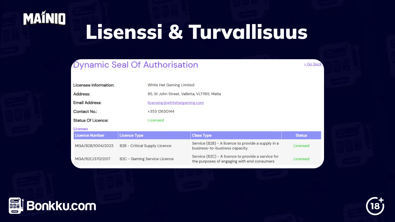 mainio kasino lisenssi ja turvallisuus
