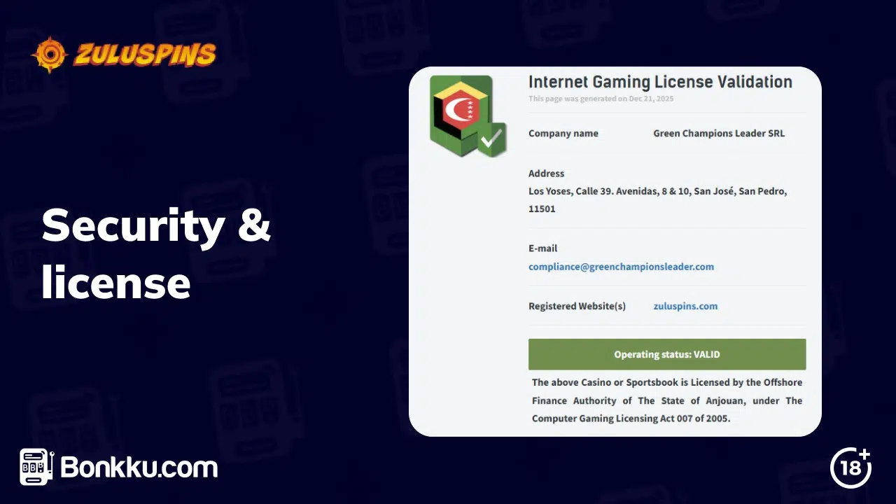zuluspins casino security and license