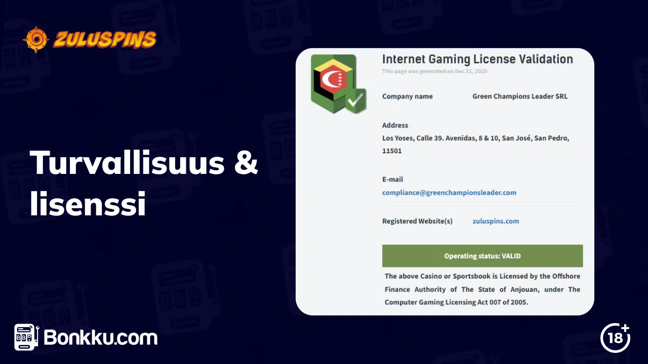 zuluspins casino turvallisuus ja lisenssi