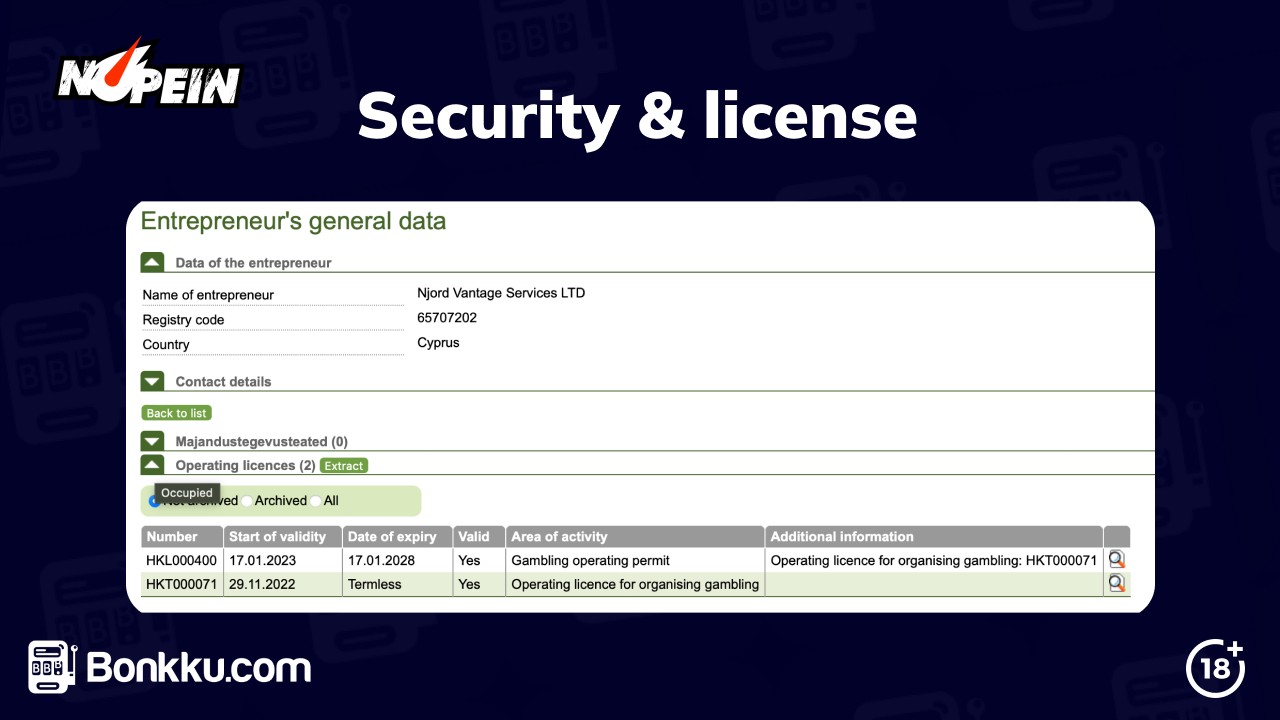 nopein casino security and license