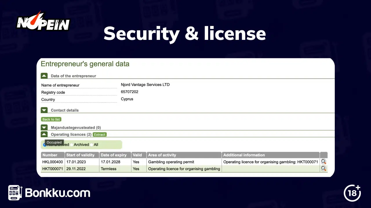 nopein casino security and license