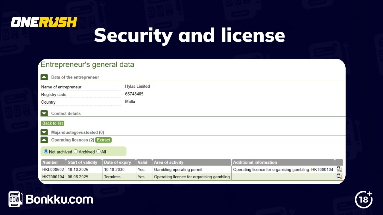 onerush casino security and license