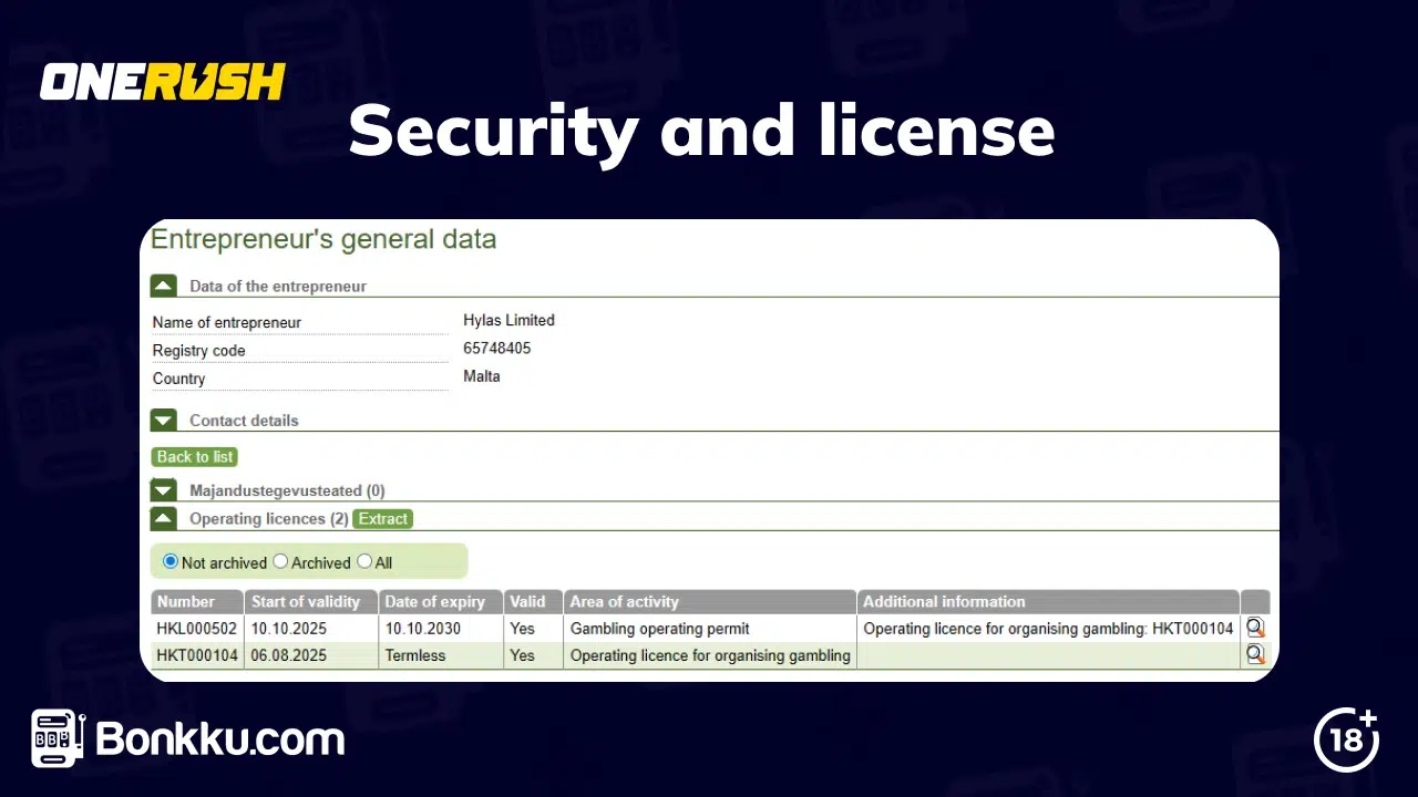 onerush casino security and license