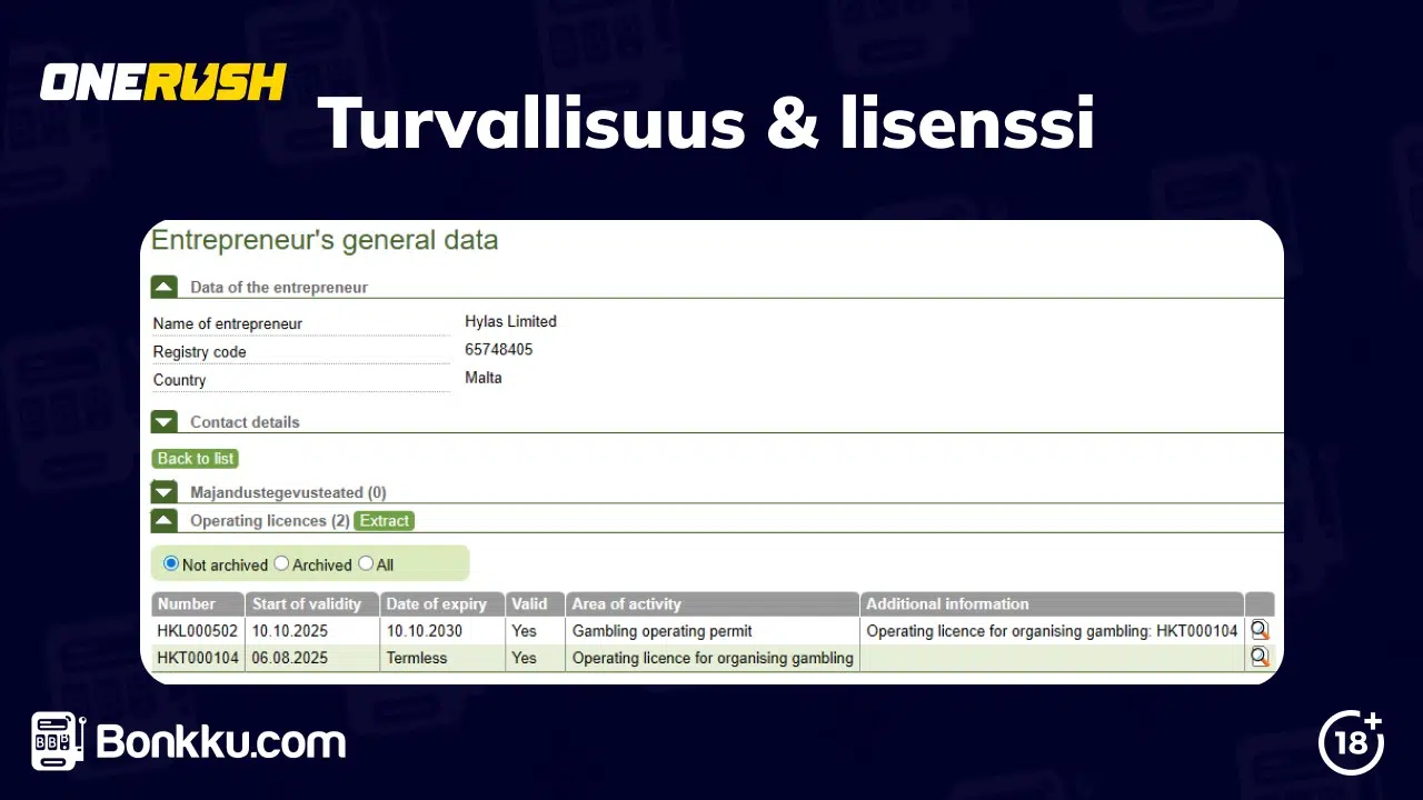 onerush casino turvallisuus ja lisenssi