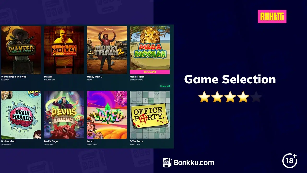 raketti casino game selection