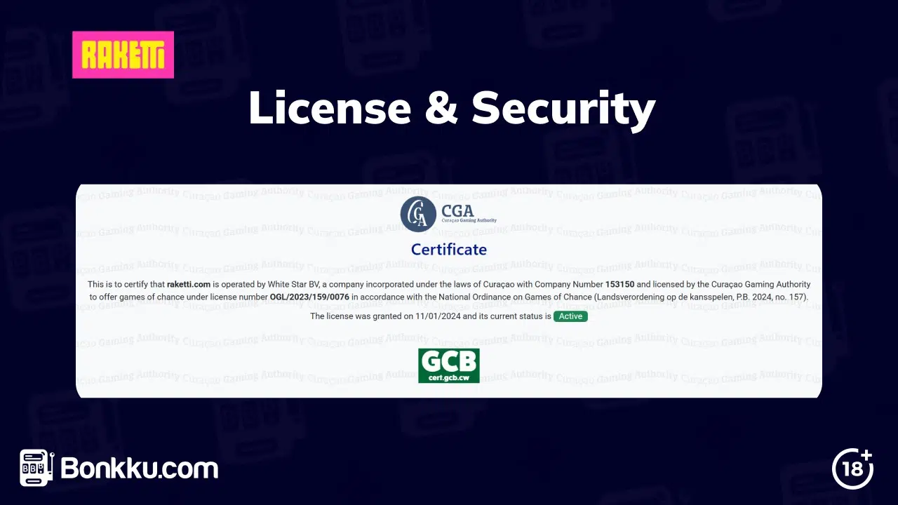 raketti casino license and security