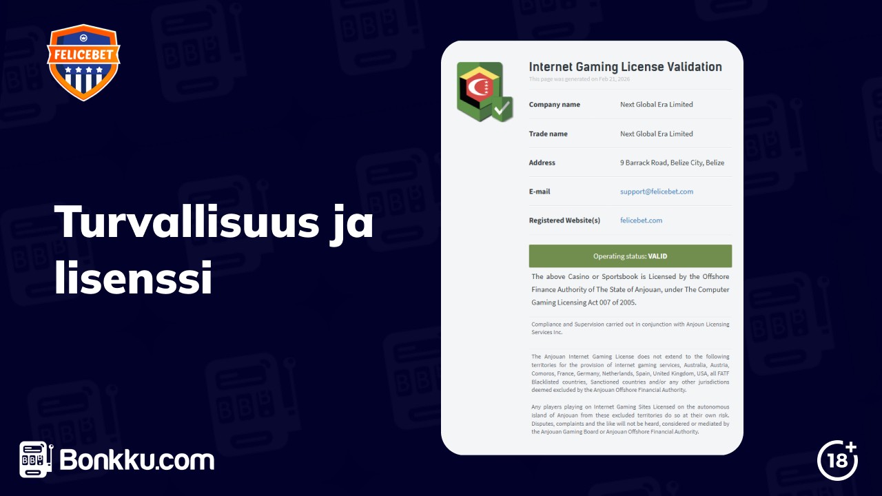 felicebet turvallisuus ja lisenssi