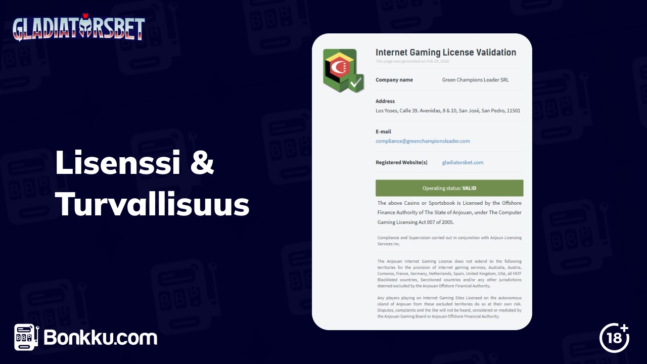 gladiatorsbet casino lisenssi ja turvallisuus