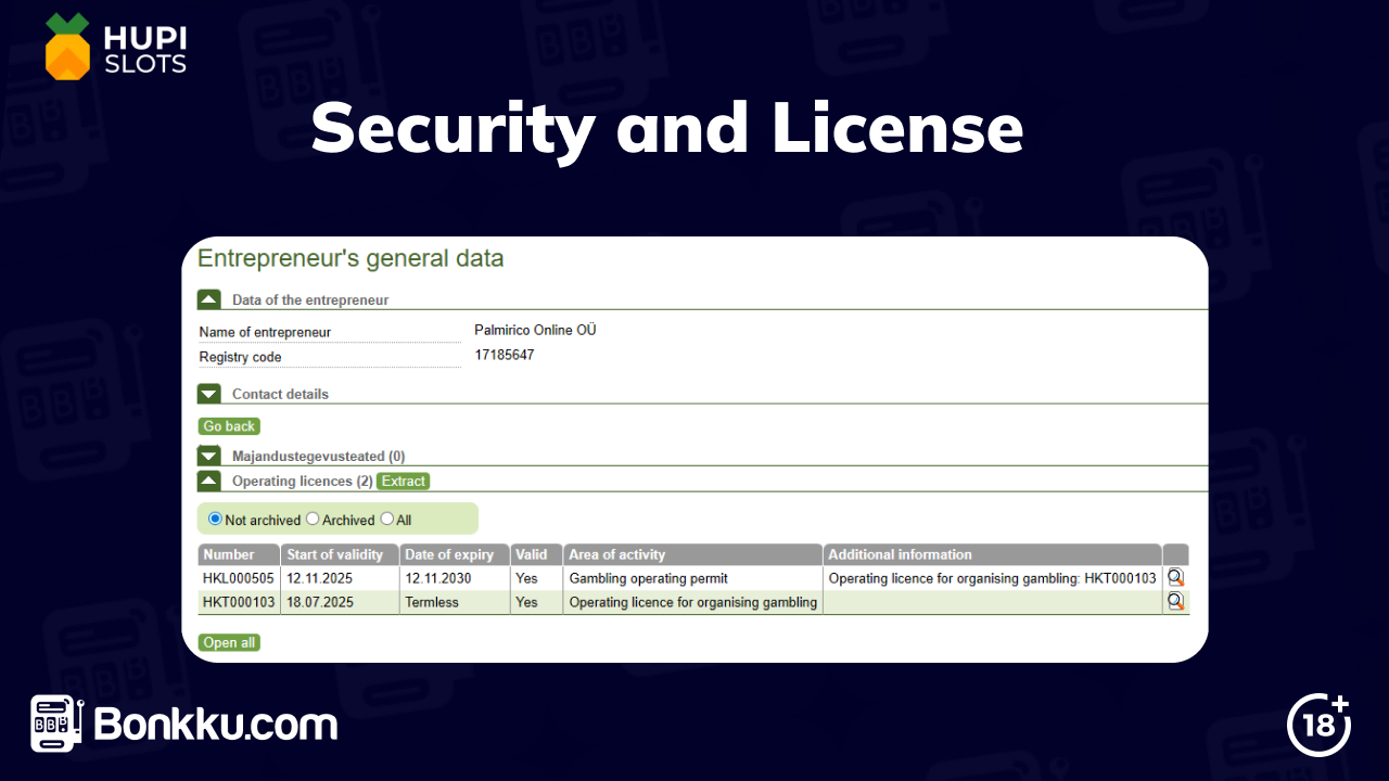 hupi slots security and license