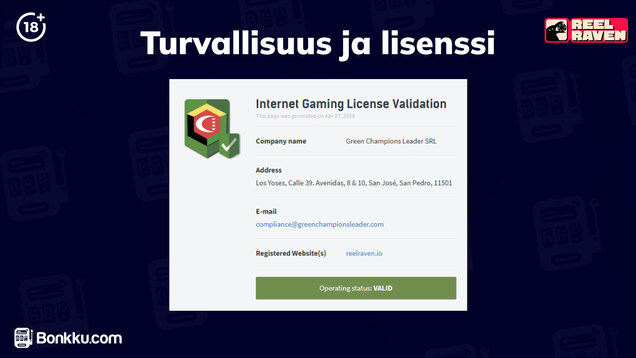 reel raven casino turvallisuus ja lisenssi