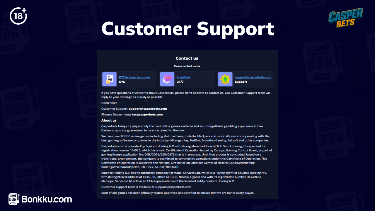 casper bets casino customer support