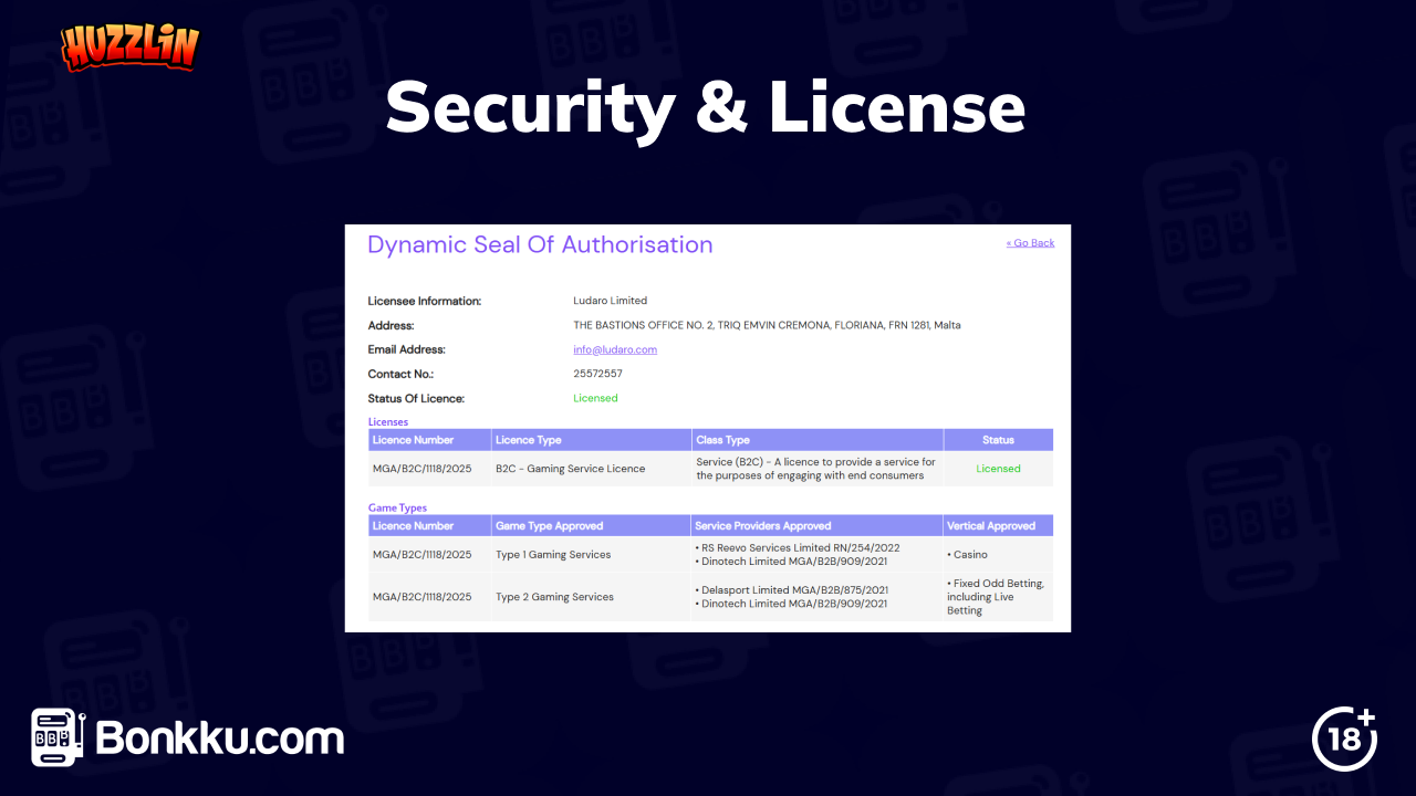 huzzlin casino security and license