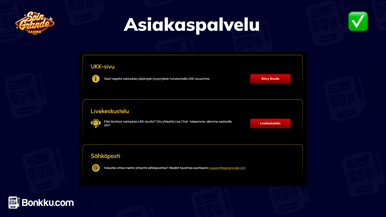 spin grande casino asiakaspalvelu