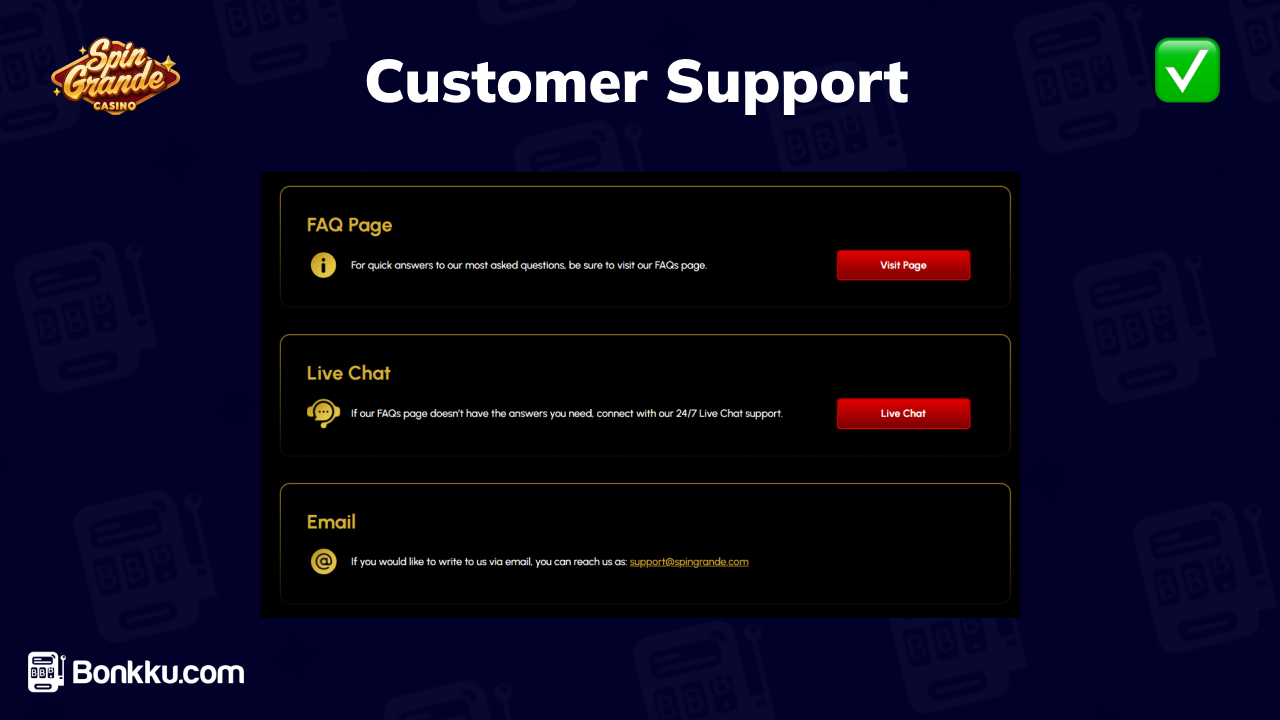 spin grande casino customer support
